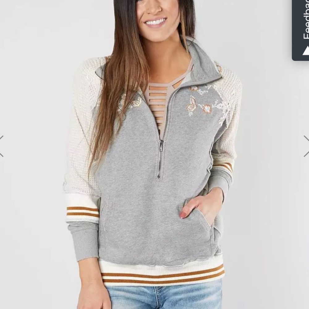 Embroidered Half-Zip Pullover Top - Gray & Pink - Picture 2 of 6